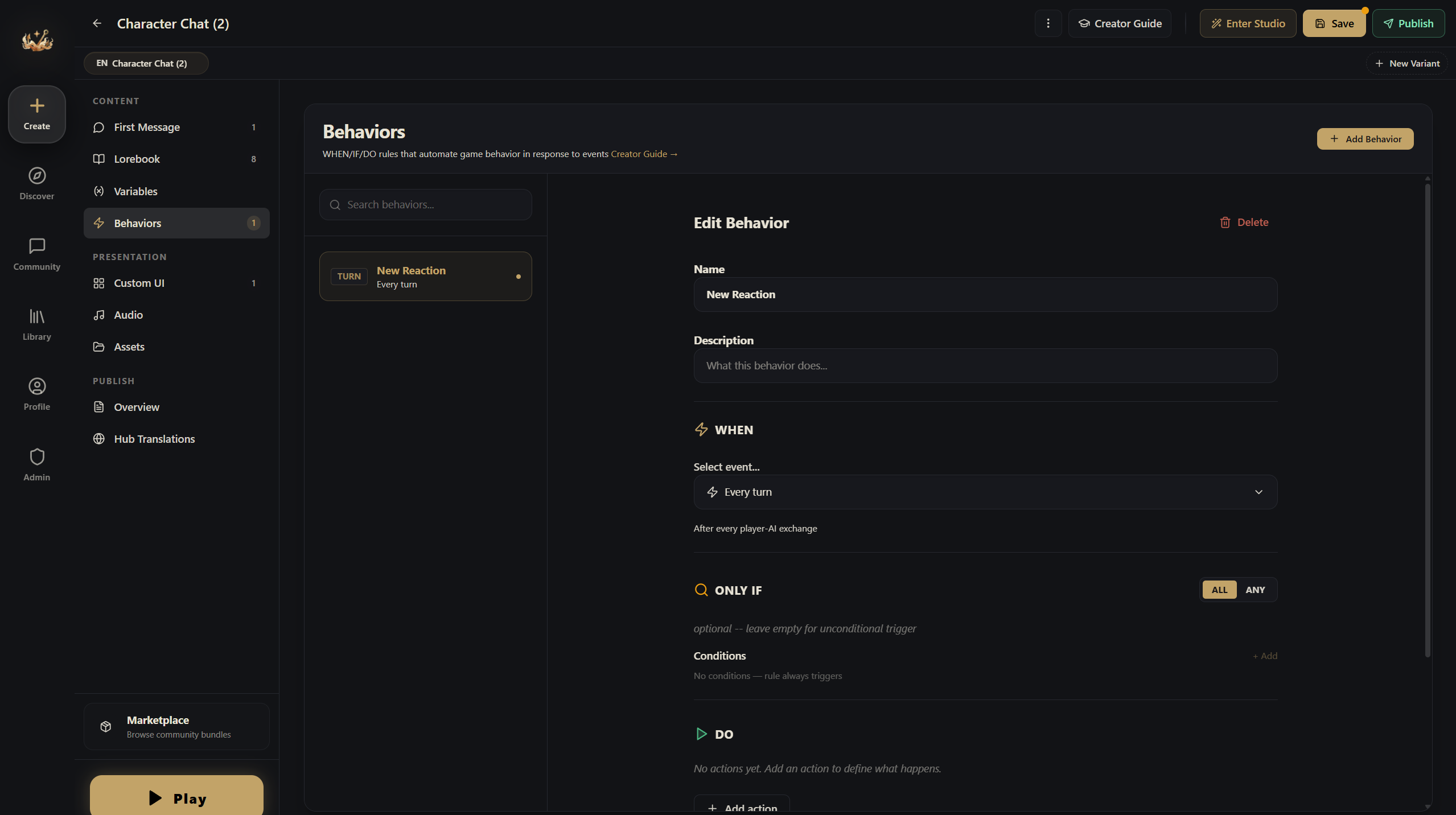 Behaviors section showing a rule with trigger, condition, and action