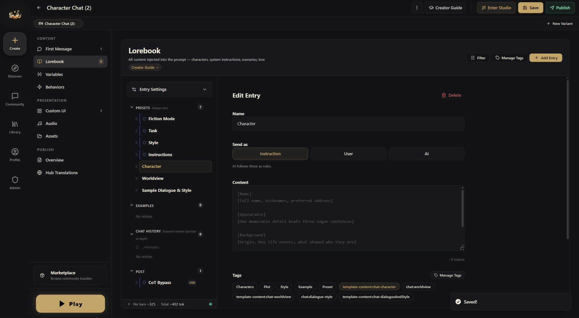 Lorebook section with PRESETS, EXAMPLES, CHAT HISTORY and POST groups