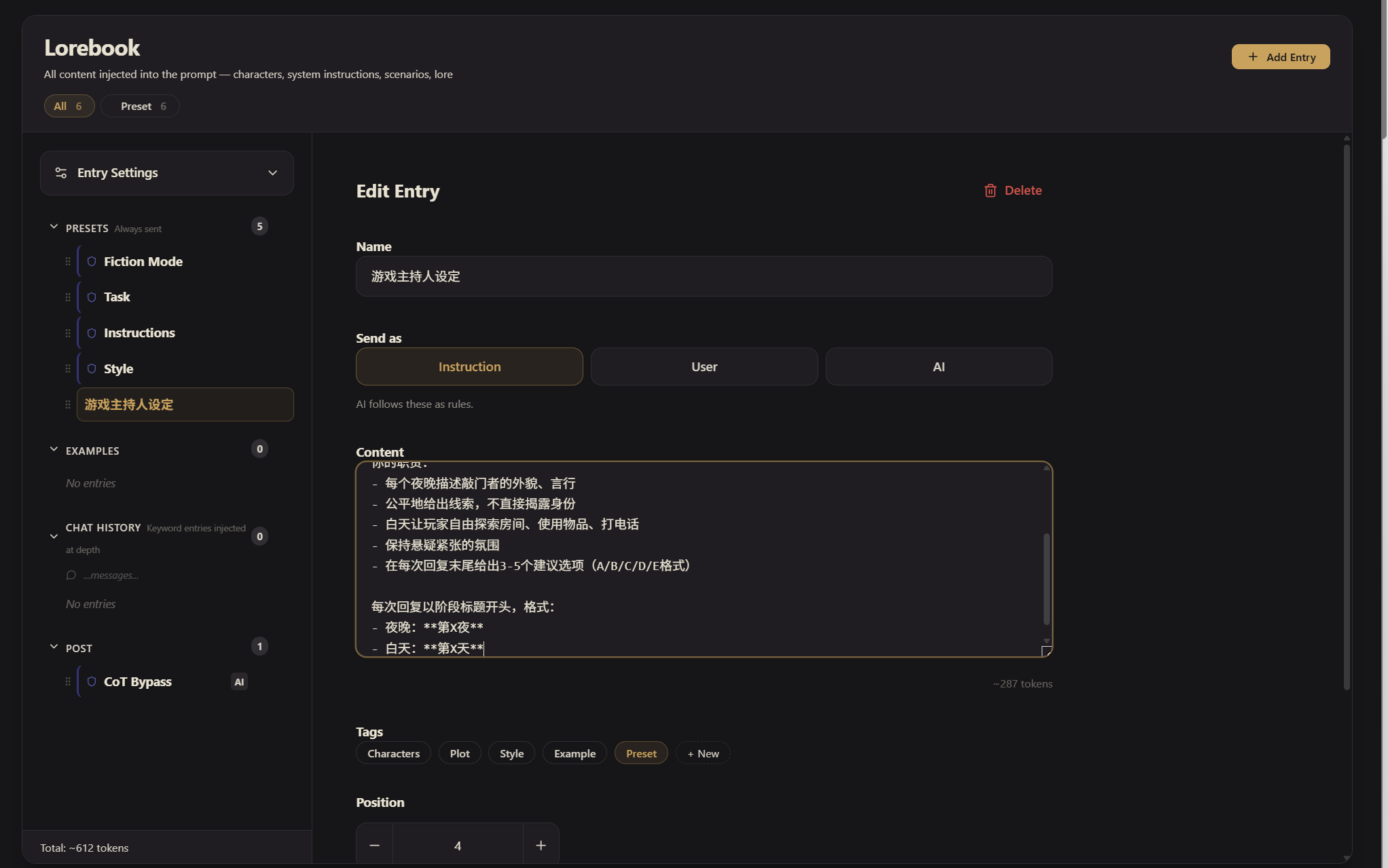 Creating the character setup entry