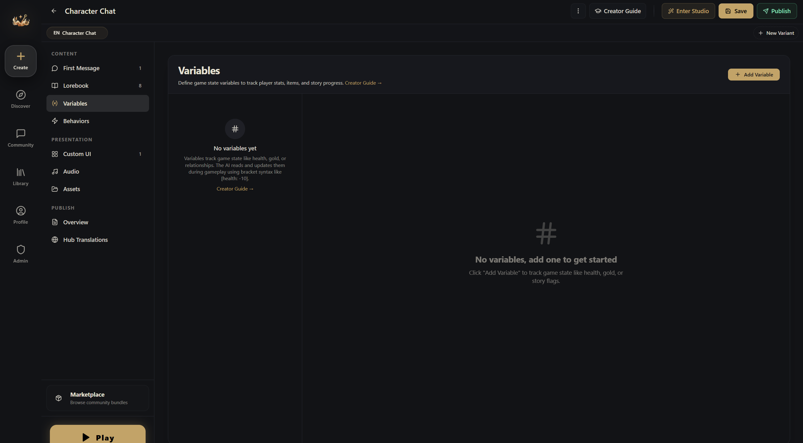 Variables section in the editor